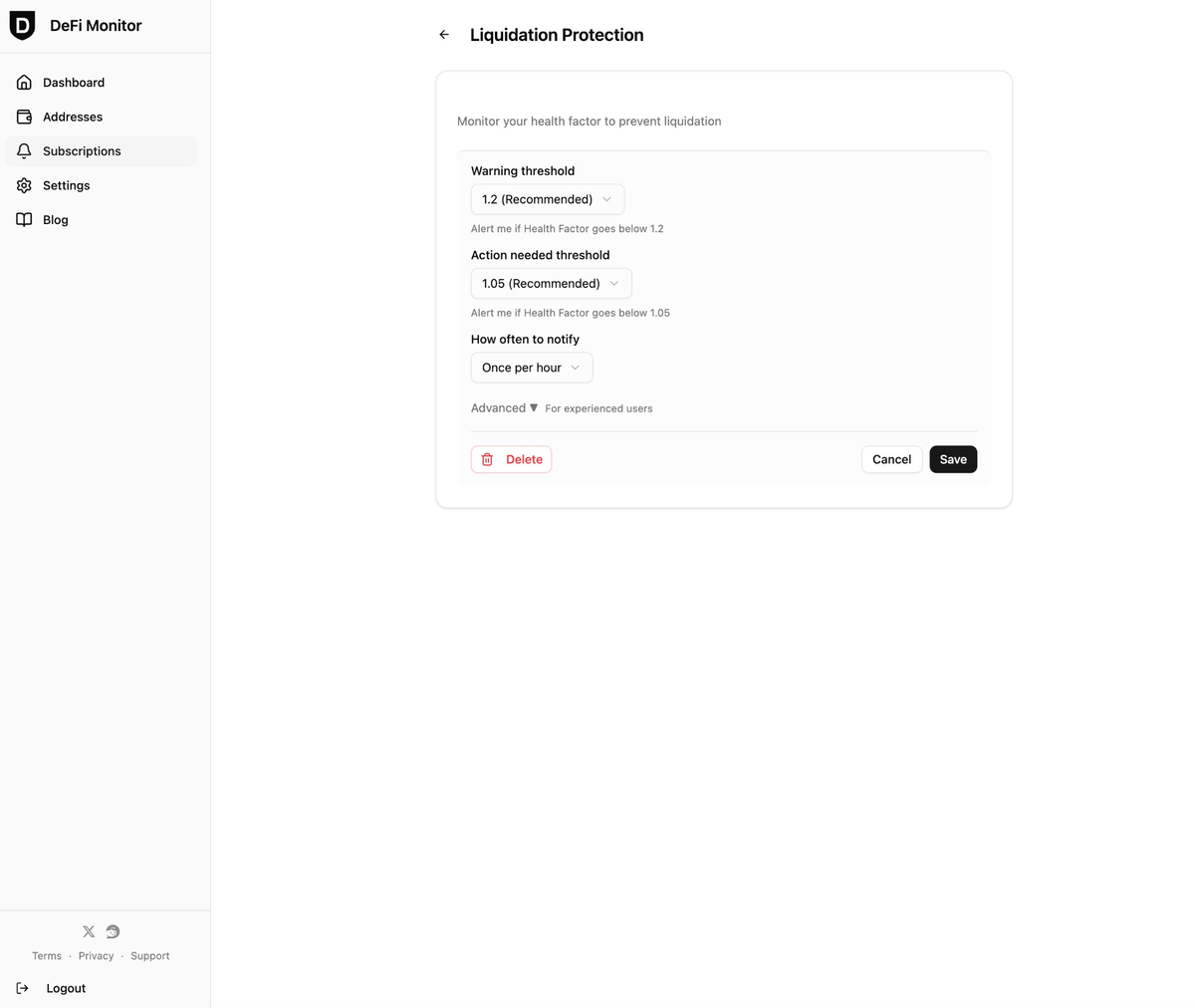 Liquidation Protection rule configuration: warning and action thresholds, notification frequency