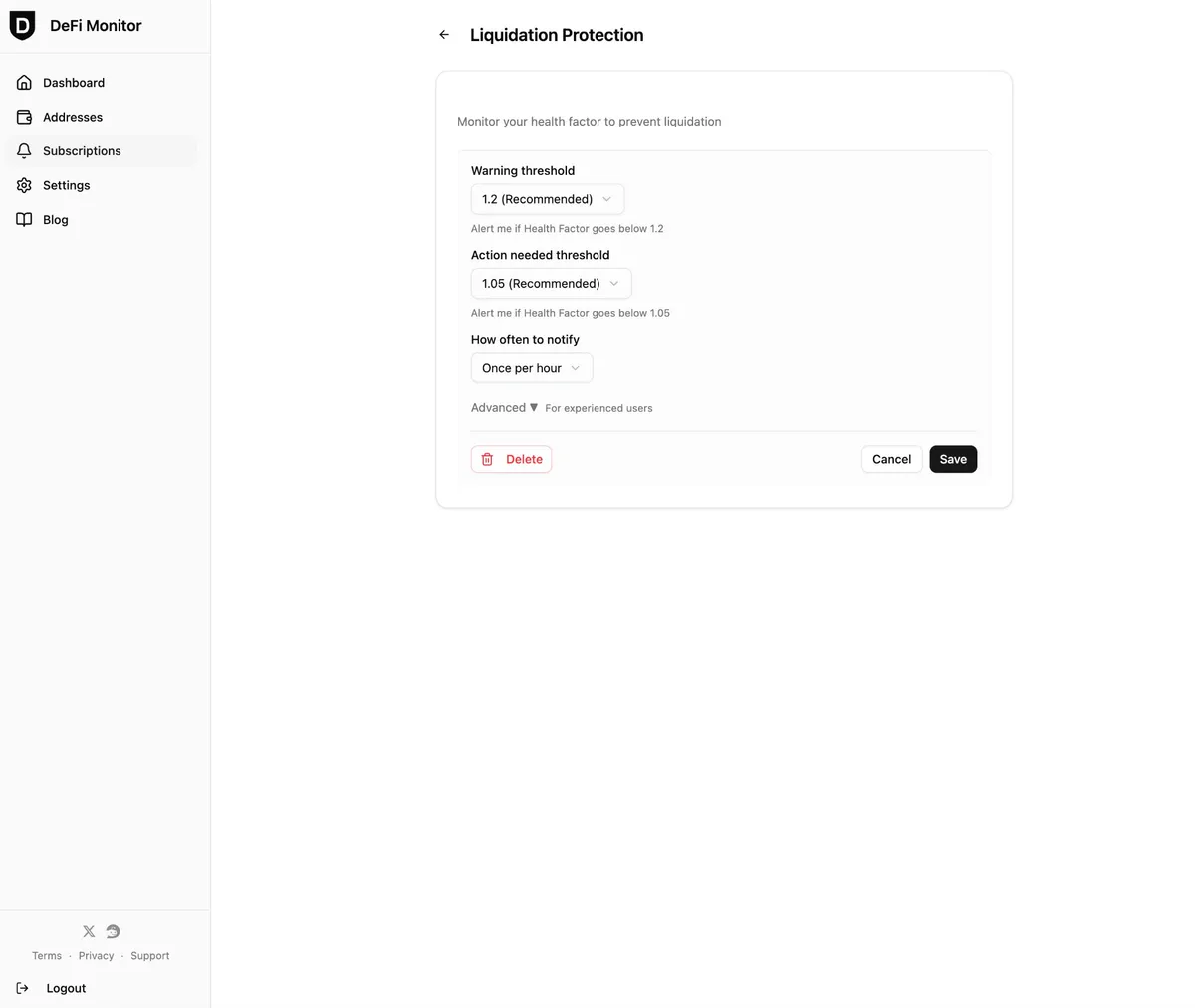 Liquidation Protection rule configuration: warning and action thresholds, notification frequency