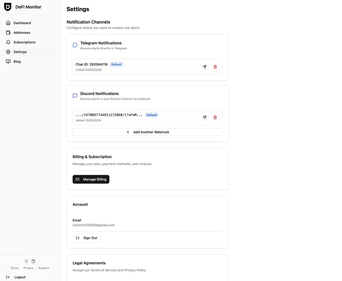 Settings: Notification channels with Telegram and Discord connected