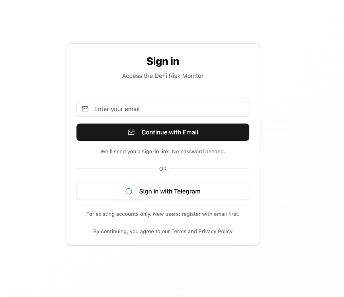 Sign in screen with email magic link and Telegram options