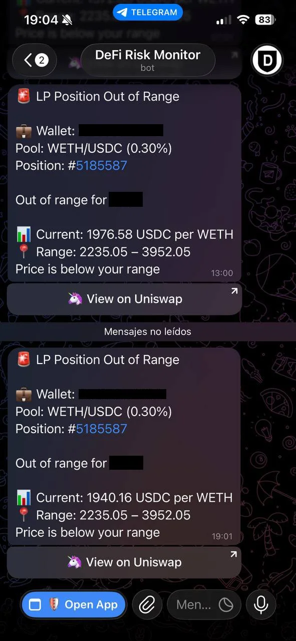 Uniswap V3 LP alert in Telegram
